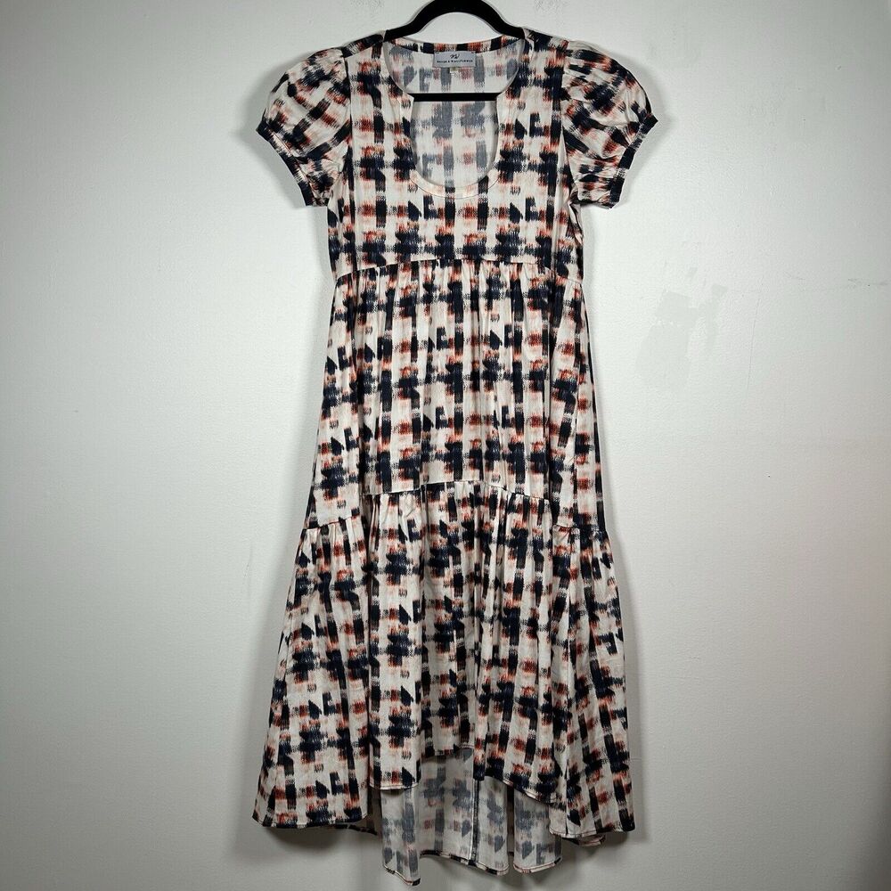 Never A Wallflower Puff Sleeve Ruffle Midi Dress Cream Geometric Women's Size XS